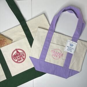 LOT Set of 2 — Trader Joe’s Canvas Tote Bag Full Size GREEN + Pastel PURPLE NWT!